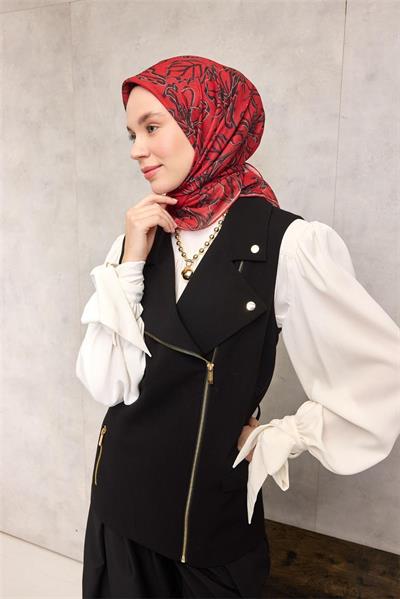 Pamuk Polyester Soft Eşarp Kırmızı Zemin Vizon-Siyah Lilyum Desenli Kaymaz Tok Duruşlu 90x90