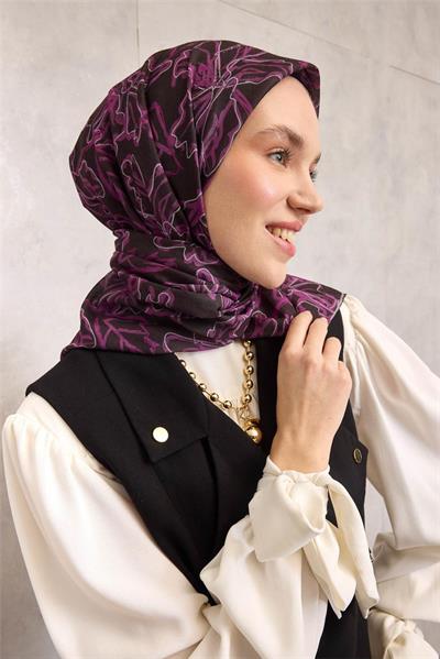 Pamuk Polyester Soft Eşarp Koyu Siyah Lilium Desenli Kaymaz Dokulu 90x90