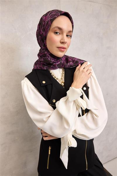 Pamuk Polyester Soft Eşarp Koyu Siyah Lilium Desenli Kaymaz Dokulu 90x90