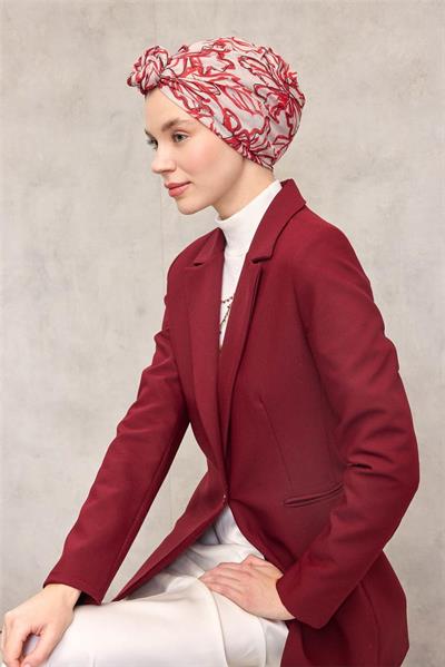 Pamuk Polyester Eşarp Krem-Kırmızı Siyah Desenli Soft Dokulu Tok Duruşlu 90x90