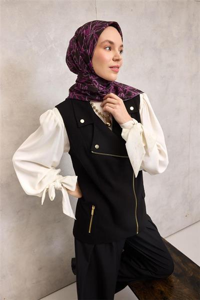 Pamuk Polyester Soft Eşarp Koyu Siyah Lilium Desenli Kaymaz Dokulu 90x90