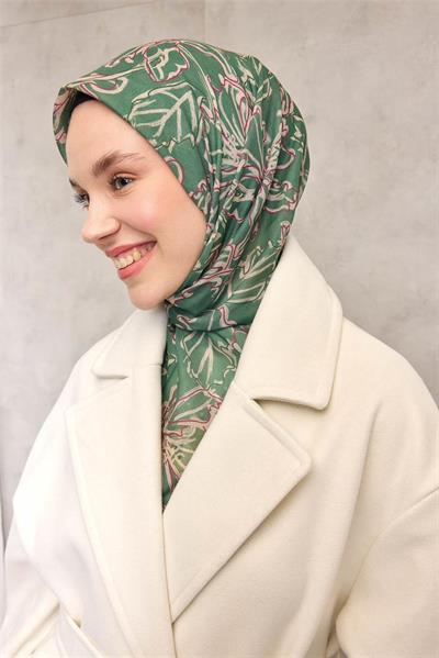 Pamuk Polyester Soft Eşarp Yeşil Lilium Desenli Kaymaz Dokulu 90x90