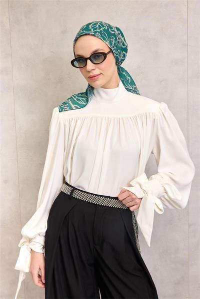 Pamuk Polyester Soft Eşarp Patina Yeşili Lilium Desenli Kaymaz Dokulu 90x90