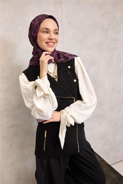 Pamuk Polyester Soft Eşarp Koyu Siyah Lilium Desenli Kaymaz Dokulu 90x90