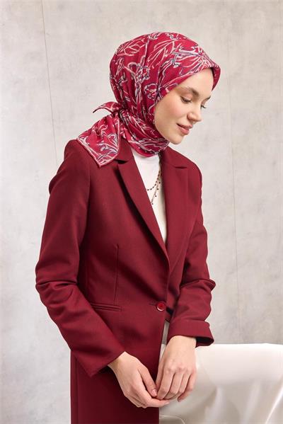 Pamuk Polyester Eşarp Fuşya-Mor Krem Desenli Soft Dokulu Tok Duruşlu 90x90
