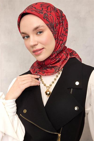 Pamuk Polyester Soft Eşarp Kırmızı Zemin Vizon-Siyah Lilyum Desenli Kaymaz Tok Duruşlu 90x90