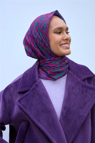 Soft Pamuk Eşarp Mor Narçiçeği Patina Geometrik Desenli Hafif Dokulu 90x90