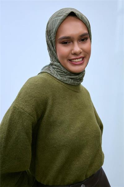 Soft Pamuk Eşarp Pastel Yeşil Haki Geometrik Desenli Hafif Dokulu 90x90