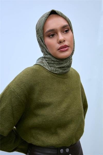 Soft Pamuk Eşarp Pastel Yeşil Haki Geometrik Desenli Hafif Dokulu 90x90