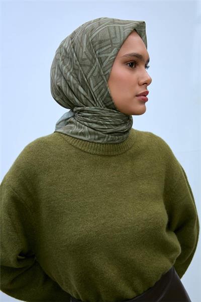 Soft Pamuk Eşarp Pastel Yeşil Haki Geometrik Desenli Hafif Dokulu 90x90