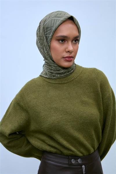 Soft Pamuk Eşarp Pastel Yeşil Haki Geometrik Desenli Hafif Dokulu 90x90