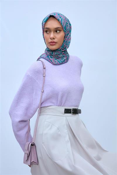 Soft Pamuk Eşarp Patina Leylak Vizon Geometrik Desenli Hafif Dokulu 90x90