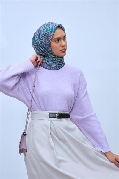 Soft Pamuk Eşarp Patina Leylak Vizon Geometrik Desenli Hafif Dokulu 90x90