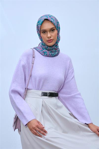 Soft Pamuk Eşarp Patina Leylak Vizon Geometrik Desenli Hafif Dokulu 90x90