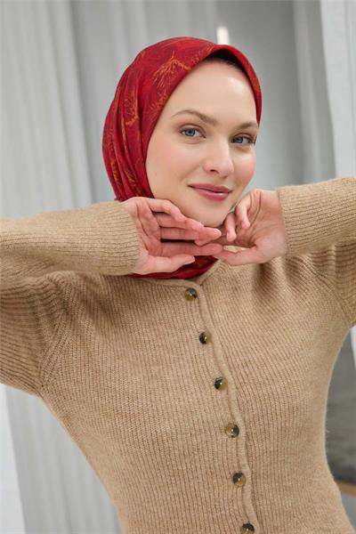 Soft Pamuk Eşarp Bordo Yaprak Desenli Hafif Tok Duruşlu 90x90