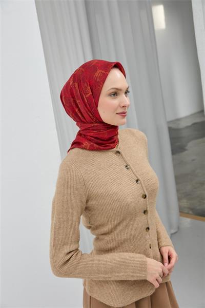 Soft Pamuk Eşarp Bordo Yaprak Desenli Hafif Tok Duruşlu 90x90