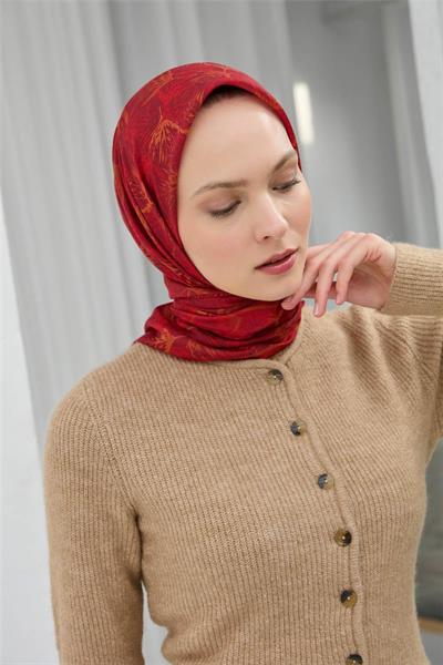 Soft Pamuk Eşarp Bordo Yaprak Desenli Hafif Tok Duruşlu 90x90
