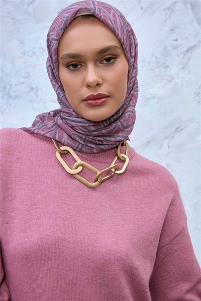 Soft Pamuk Eşarp Rose Koyu Vizon Tozpembe Geometrik Desenli Hafif Dokulu 90x90