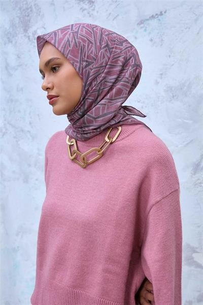 Soft Pamuk Eşarp Rose Koyu Vizon Tozpembe Geometrik Desenli Hafif Dokulu 90x90
