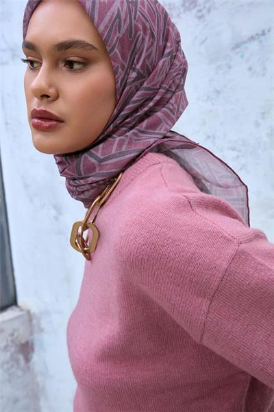 Soft Pamuk Eşarp Rose Koyu Vizon Tozpembe Geometrik Desenli Hafif Dokulu 90x90