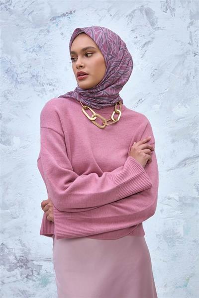 Soft Pamuk Eşarp Rose Koyu Vizon Tozpembe Geometrik Desenli Hafif Dokulu 90x90