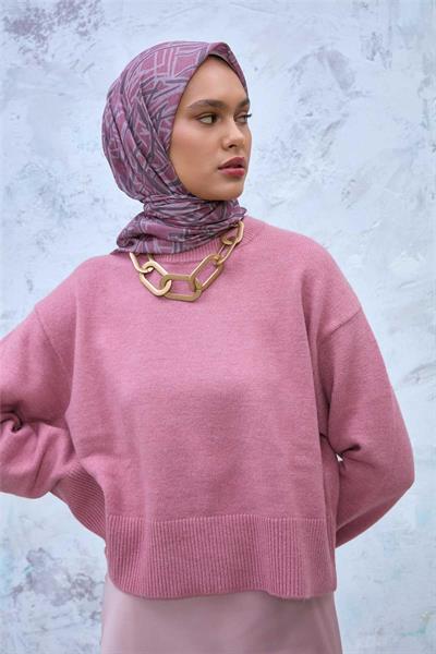 Soft Pamuk Eşarp Rose Koyu Vizon Tozpembe Geometrik Desenli Hafif Dokulu 90x90