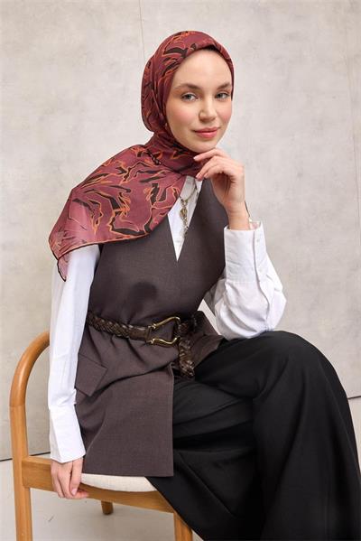 Pamuk Polyester Soft Eşarp Açık Mürdüm Soyut Desenli Tok Duruşlu 90x90