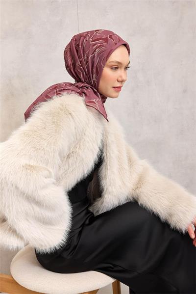 Pamuk Polyester Soft Eşarp Gül Kurusu Soyut Desenli Tok Duruşlu 90x90