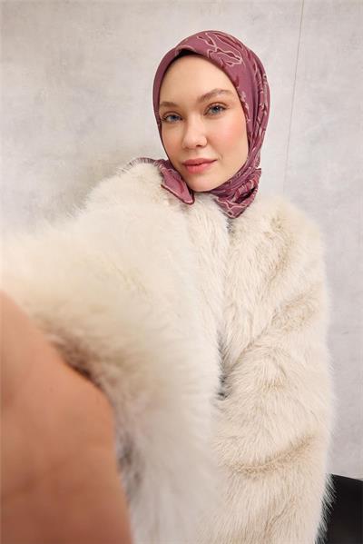 Pamuk Polyester Soft Eşarp Gül Kurusu Soyut Desenli Tok Duruşlu 90x90