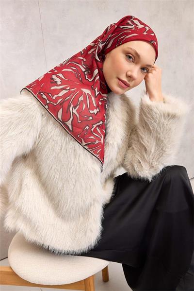 Pamuk Polyester Soft Eşarp Kırmızı Soyut Desenli Tok Duruşlu 90x90