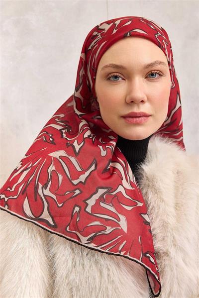 Pamuk Polyester Soft Eşarp Kırmızı Soyut Desenli Tok Duruşlu 90x90