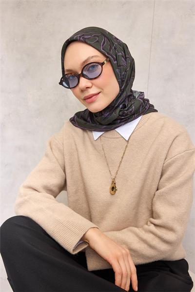 Pamuk Polyester Soft Eşarp Koyu Yeşil Soyut Desenli Tok Duruşlu 90x90