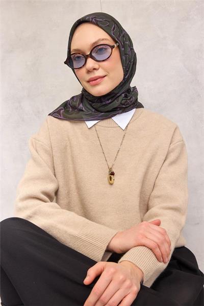 Pamuk Polyester Soft Eşarp Koyu Yeşil Soyut Desenli Tok Duruşlu 90x90