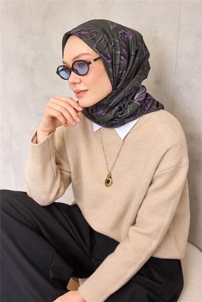 Pamuk Polyester Soft Eşarp Koyu Yeşil Soyut Desenli Tok Duruşlu 90x90