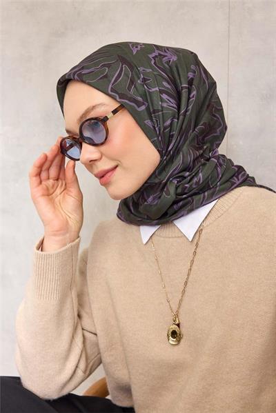 Pamuk Polyester Soft Eşarp Koyu Yeşil Soyut Desenli Tok Duruşlu 90x90