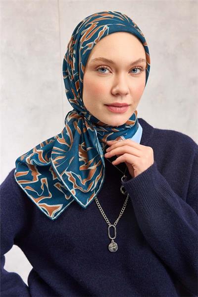 Pamuk Polyester Soft Eşarp Koyu Mavi Soyut Desenli Tok Duruşlu 90x90