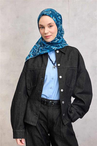 Pamuk Polyester Soft Eşarp Lacivert Soyut Desenli Tok Duruşlu 90x90