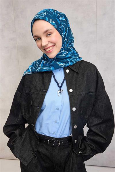 Pamuk Polyester Soft Eşarp Lacivert Soyut Desenli Tok Duruşlu 90x90