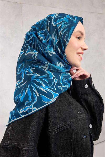 Pamuk Polyester Soft Eşarp Lacivert Soyut Desenli Tok Duruşlu 90x90