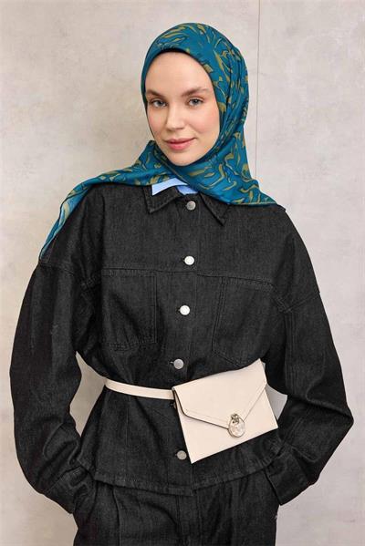 Pamuk Polyester Soft Eşarp Mavi Soyut Desenli Tok Duruşlu 90x90