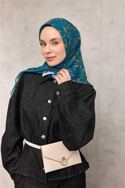 Pamuk Polyester Soft Eşarp Mavi Soyut Desenli Tok Duruşlu 90x90