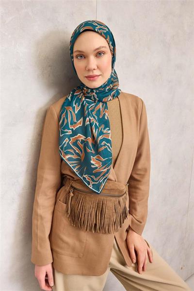 Pamuk Polyester Soft Eşarp Petrol Mavisi Soyut Desenli Tok Duruşlu 90x90