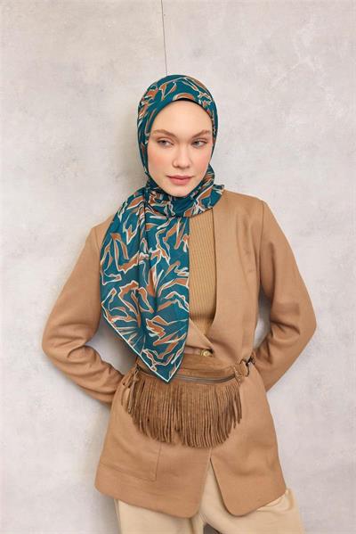 Pamuk Polyester Soft Eşarp Petrol Mavisi Soyut Desenli Tok Duruşlu 90x90