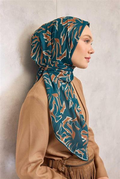 Pamuk Polyester Soft Eşarp Petrol Mavisi Soyut Desenli Tok Duruşlu 90x90