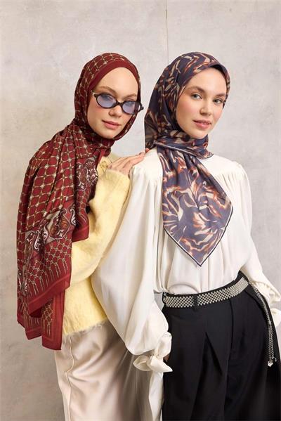 Pamuk Polyester Soft Eşarp Violet Soyut Desenli Tok Duruşlu 90x90