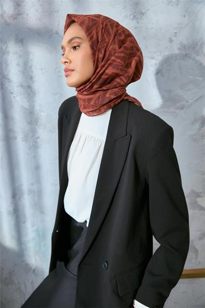 Soft Pamuk Eşarp Taba Kiremit Turuncu Geometrik Desenli Hafif Dokulu 90x90