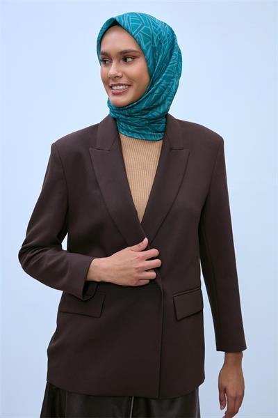 Soft Pamuk Eşarp Turkuaz Petrol Mavi Geometrik Desenli Hafif Dokulu 90x90