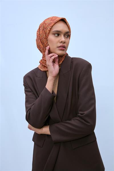 Soft Pamuk Eşarp Turuncu Kiremit Geometrik Desenli Hafif Dokulu 90x90