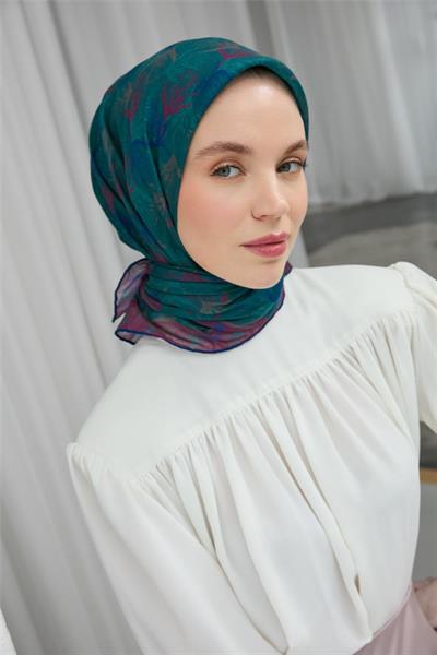 İnce Pamuk Soft Eşarp Yeşil Yaprak Desenli Hafif Dokulu 90x90