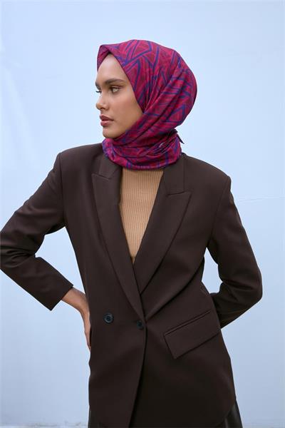 Soft Pamuk Eşarp Vişne Gece Mavi Fuşya Geometrik Desenli Hafif Dokulu 90x90